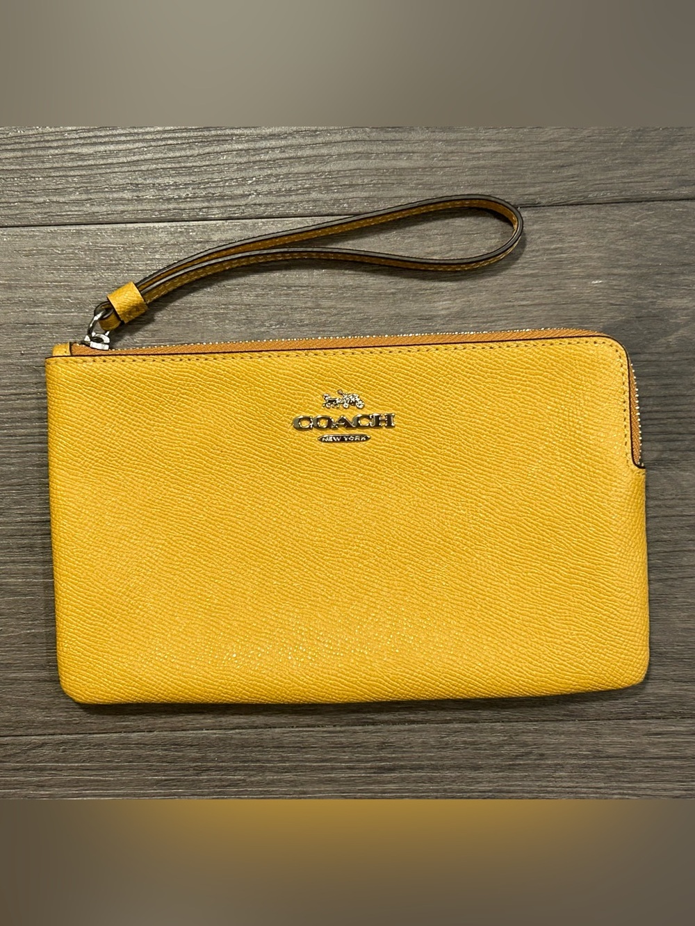 Coach Corner Zip Yellow Pebbled Leather Wristlet with Strap